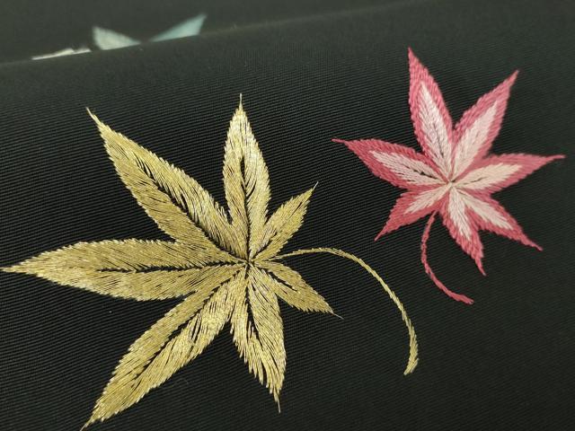 平和屋着物●塩瀬　九寸開き名古屋帯　総刺繍　楓文　黒地　金銀糸　正絹　逸品　DABB4791ps