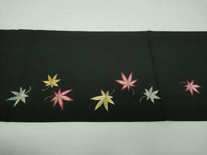 平和屋着物●塩瀬　九寸開き名古屋帯　総刺繍　楓文　黒地　金銀糸　正絹　逸品　DABB4791ps