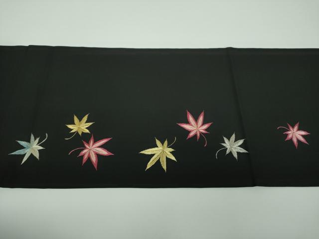 平和屋着物●塩瀬　九寸開き名古屋帯　総刺繍　楓文　黒地　金銀糸　正絹　逸品　DABB4791ps