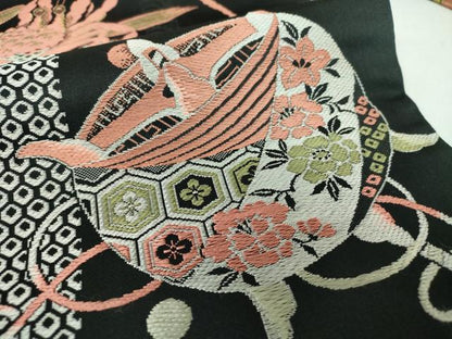 平和屋着物●アンティーク　大正ロマン　九寸名古屋帯　唐織　伊勢海老　糸巻花文　黒地　金糸　正絹　逸品　DABB4792ps