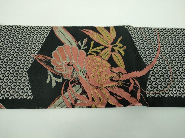 平和屋着物●アンティーク　大正ロマン　九寸名古屋帯　唐織　伊勢海老　糸巻花文　黒地　金糸　正絹　逸品　DABB4792ps