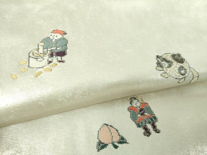 平和屋着物●九寸名古屋帯　日本昔話　桃太郎　一寸法師　金銀糸　引箔　正絹　逸品　DABB4793ps