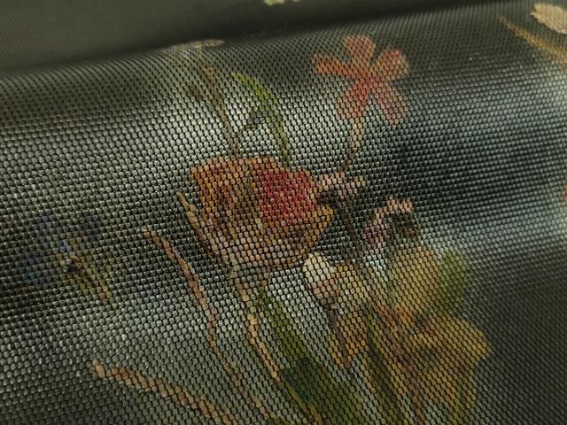 平和屋着物●九寸名古屋帯　押し花　黒地　金彩　正絹　逸品　DABB4797ps