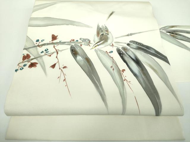 平和屋着物●塩瀬　九寸名古屋帯　手描き　休み鳥　正絹　逸品　DABB4801ps