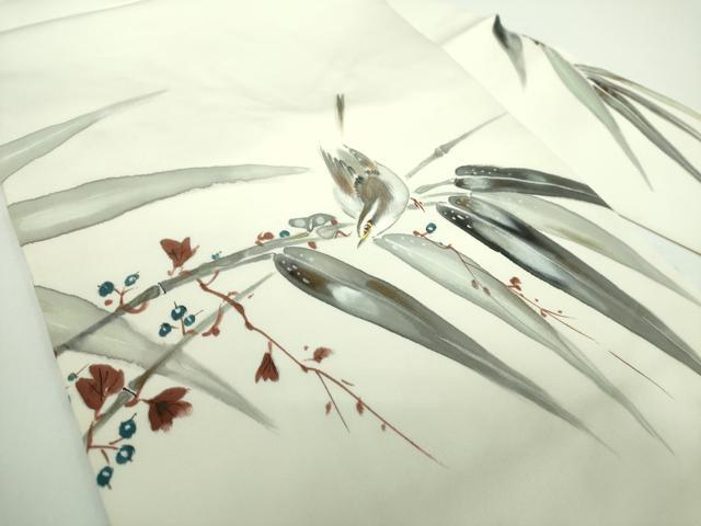 平和屋着物●塩瀬　九寸名古屋帯　手描き　休み鳥　正絹　逸品　DABB4801ps
