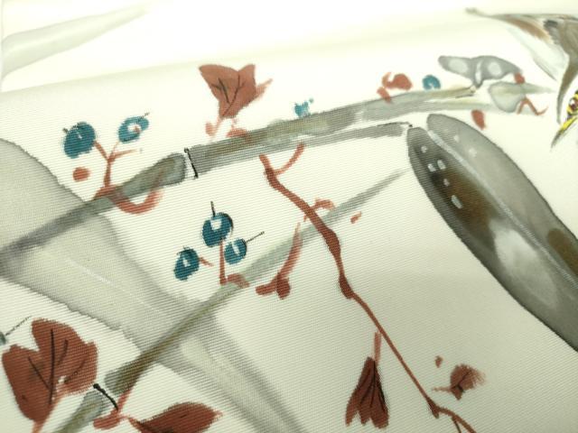 平和屋着物●塩瀬　九寸名古屋帯　手描き　休み鳥　正絹　逸品　DABB4801ps
