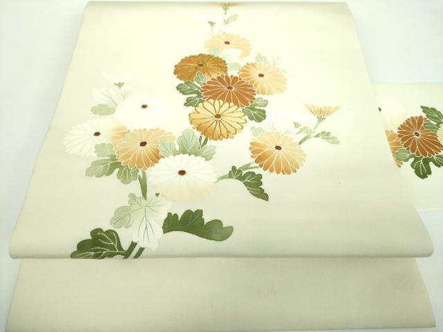 平和屋着物●塩瀬　九寸名古屋帯　駒刺繍　菊文　正絹　逸品　DABB4804ps