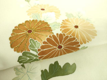 平和屋着物●塩瀬　九寸名古屋帯　駒刺繍　菊文　正絹　逸品　DABB4804ps