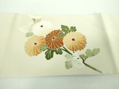 平和屋着物●塩瀬　九寸名古屋帯　駒刺繍　菊文　正絹　逸品　DABB4804ps