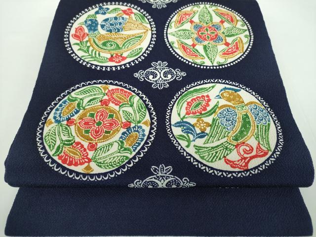 平和屋着物●全通柄九寸開き名古屋帯　型染　花鳥丸文　鬼しぼ縮緬　正絹　逸品　DABB4807ps