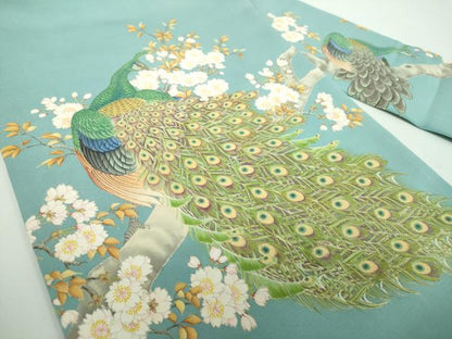 平和屋着物●塩瀬　九寸名古屋帯　作家物　手描き　孔雀桜文　金彩　正絹　逸品　DABB4815ps