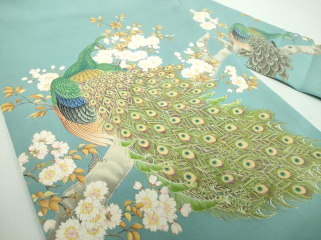 平和屋着物●塩瀬　九寸名古屋帯　作家物　手描き　孔雀桜文　金彩　正絹　逸品　DABB4815ps