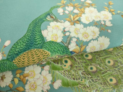 平和屋着物●塩瀬　九寸名古屋帯　作家物　手描き　孔雀桜文　金彩　正絹　逸品　DABB4815ps