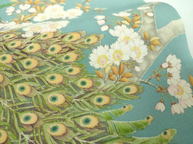 平和屋着物●塩瀬　九寸名古屋帯　作家物　手描き　孔雀桜文　金彩　正絹　逸品　DABB4815ps