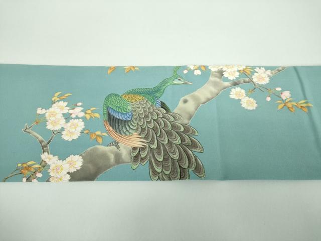平和屋着物●塩瀬　九寸名古屋帯　作家物　手描き　孔雀桜文　金彩　正絹　逸品　DABB4815ps