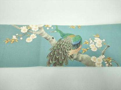 平和屋着物●塩瀬　九寸名古屋帯　作家物　手描き　孔雀桜文　金彩　正絹　逸品　DABB4815ps