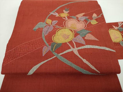 平和屋着物●中国三大刺繍　スワトウ相良刺繍　汕頭相良刺繍　総刺繍　九寸名古屋帯　紬地　枝花文　正絹　逸品　DABB4819ps