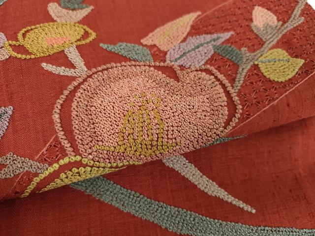 平和屋着物●中国三大刺繍　スワトウ相良刺繍　汕頭相良刺繍　総刺繍　九寸名古屋帯　紬地　枝花文　正絹　逸品　DABB4819ps