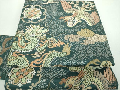 平和屋着物●アンティーク　大正ロマン　全通柄九寸名古屋帯　五爪龍　鳳凰花丸文　金銀糸　正絹　逸品　DABB4823ps