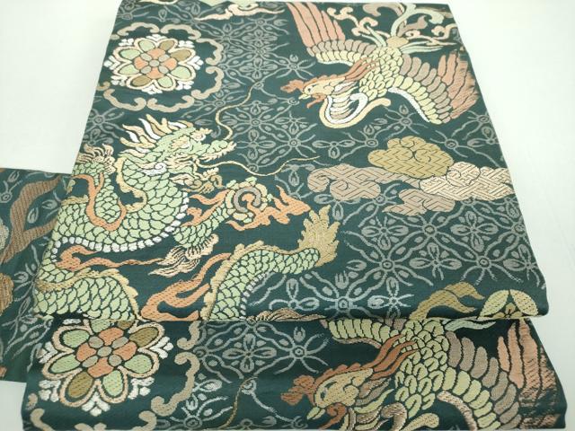 平和屋着物●アンティーク　大正ロマン　全通柄九寸名古屋帯　五爪龍　鳳凰花丸文　金銀糸　正絹　逸品　DABB4823ps