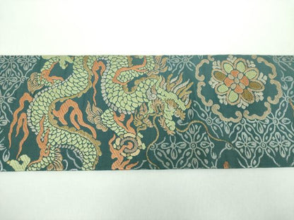 平和屋着物●アンティーク　大正ロマン　全通柄九寸名古屋帯　五爪龍　鳳凰花丸文　金銀糸　正絹　逸品　DABB4823ps