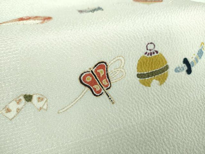 平和屋着物●九寸名古屋帯　玩具文様　鬼しぼ縮緬　金彩　正絹　逸品　未使用　DABB4825ps