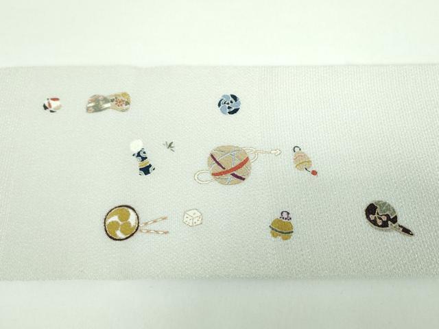 平和屋着物●九寸名古屋帯　玩具文様　鬼しぼ縮緬　金彩　正絹　逸品　未使用　DABB4825ps
