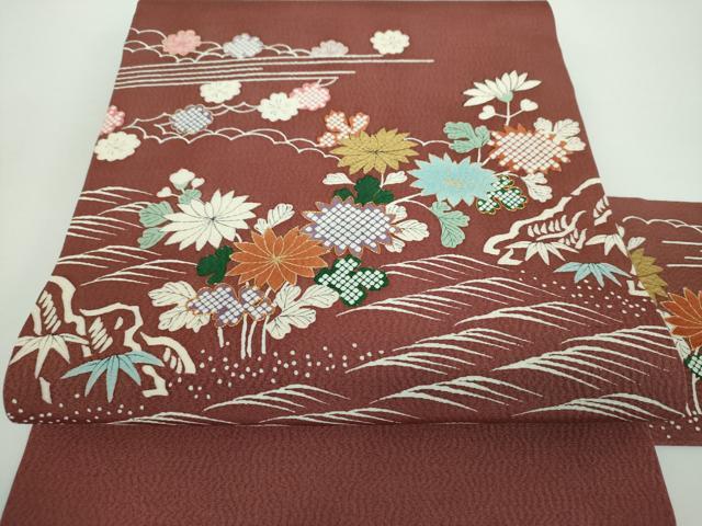 平和屋着物●九寸名古屋帯　駒刺繍　流水花文　金彩　正絹　逸品　未使用　DABB4826ps