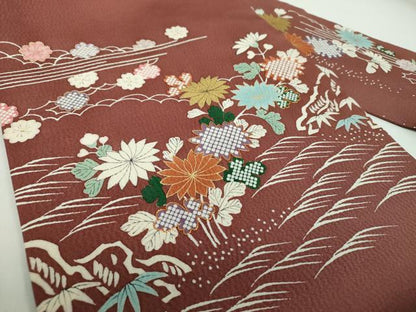平和屋着物●九寸名古屋帯　駒刺繍　流水花文　金彩　正絹　逸品　未使用　DABB4826ps