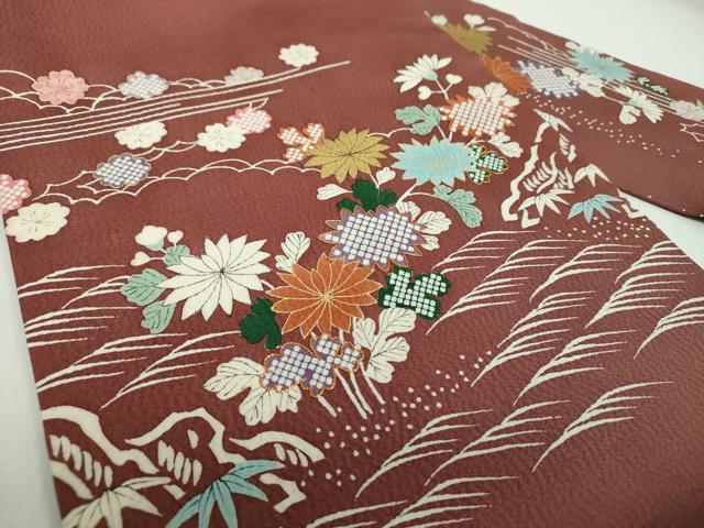 平和屋着物●九寸名古屋帯　駒刺繍　流水花文　金彩　正絹　逸品　未使用　DABB4826ps