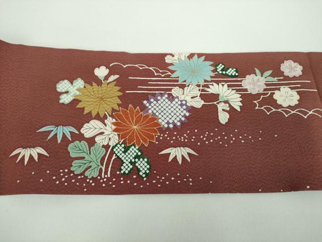 平和屋着物●九寸名古屋帯　駒刺繍　流水花文　金彩　正絹　逸品　未使用　DABB4826ps