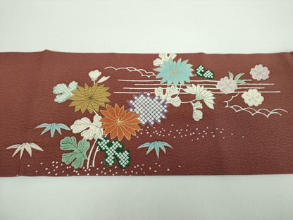平和屋着物●九寸名古屋帯　駒刺繍　流水花文　金彩　正絹　逸品　未使用　DABB4826ps