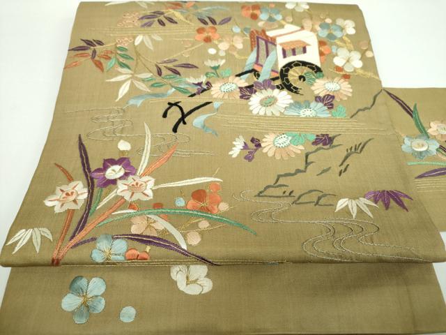 平和屋着物●九寸名古屋帯　総手刺繍　御所車花文　金銀糸　正絹　逸品　DABB4829ps