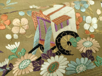 平和屋着物●九寸名古屋帯　総手刺繍　御所車花文　金銀糸　正絹　逸品　DABB4829ps