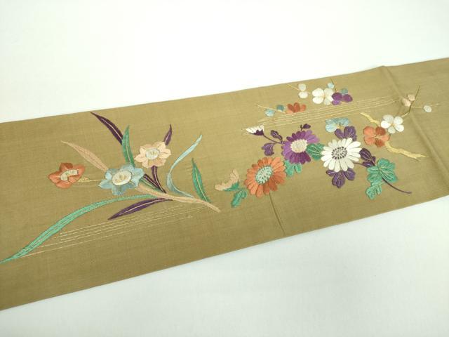 平和屋着物●九寸名古屋帯　総手刺繍　御所車花文　金銀糸　正絹　逸品　DABB4829ps