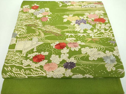 平和屋着物●九寸開き名古屋帯　駒刺繍　流水風景花文　鬼しぼ縮緬　金彩　正絹　逸品　DABB4830ps