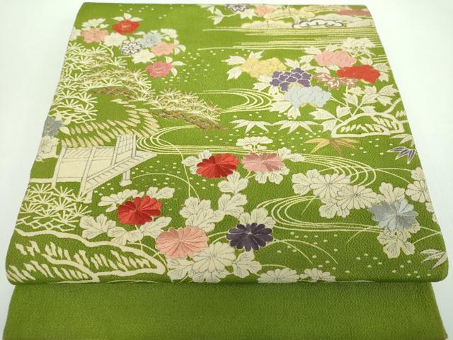 平和屋着物●九寸開き名古屋帯　駒刺繍　流水風景花文　鬼しぼ縮緬　金彩　正絹　逸品　DABB4830ps