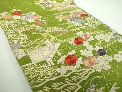 平和屋着物●九寸開き名古屋帯　駒刺繍　流水風景花文　鬼しぼ縮緬　金彩　正絹　逸品　DABB4830ps