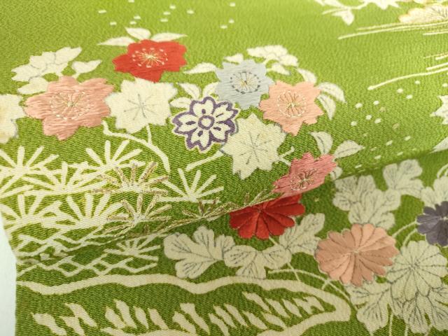 平和屋着物●九寸開き名古屋帯　駒刺繍　流水風景花文　鬼しぼ縮緬　金彩　正絹　逸品　DABB4830ps