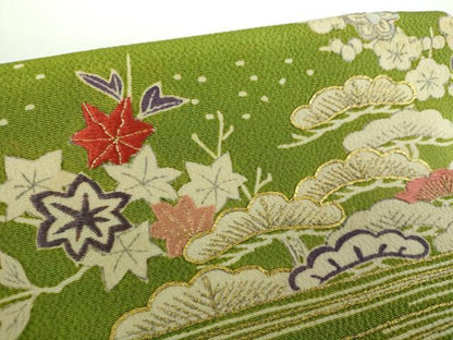 平和屋着物●九寸開き名古屋帯　駒刺繍　流水風景花文　鬼しぼ縮緬　金彩　正絹　逸品　DABB4830ps