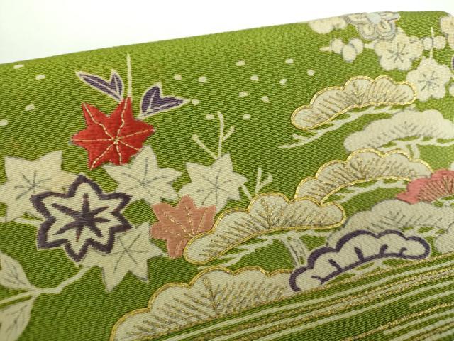 平和屋着物●九寸開き名古屋帯　駒刺繍　流水風景花文　鬼しぼ縮緬　金彩　正絹　逸品　DABB4830ps