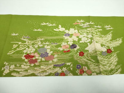 平和屋着物●九寸開き名古屋帯　駒刺繍　流水風景花文　鬼しぼ縮緬　金彩　正絹　逸品　DABB4830ps
