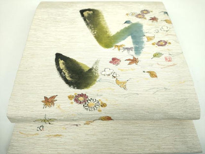 平和屋着物●九寸開き名古屋帯　作家物　インドシルク帯　手描き　吹き寄せ花文　金彩　正絹　逸品　DABB4838ps