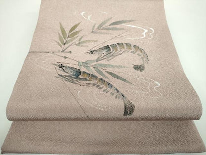 平和屋着物●九寸開き名古屋帯　手描き　海老　鬼しぼ縮緬　金彩　正絹　逸品　DABB4840ps