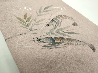 平和屋着物●九寸開き名古屋帯　手描き　海老　鬼しぼ縮緬　金彩　正絹　逸品　DABB4840ps