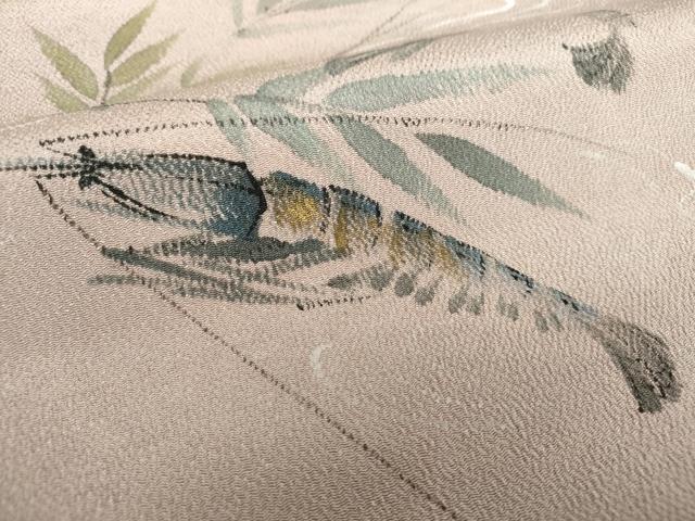 平和屋着物●九寸開き名古屋帯　手描き　海老　鬼しぼ縮緬　金彩　正絹　逸品　DABB4840ps