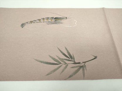 平和屋着物●九寸開き名古屋帯　手描き　海老　鬼しぼ縮緬　金彩　正絹　逸品　DABB4840ps