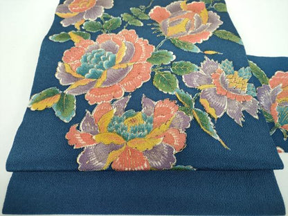 平和屋着物●九寸名古屋帯　手描き　更紗花文　鬼しぼ縮緬　金彩　正絹　逸品　DABB4847ps