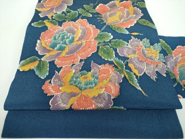 平和屋着物●九寸名古屋帯　手描き　更紗花文　鬼しぼ縮緬　金彩　正絹　逸品　DABB4847ps