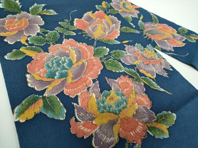 平和屋着物●九寸名古屋帯　手描き　更紗花文　鬼しぼ縮緬　金彩　正絹　逸品　DABB4847ps